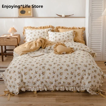 

Yellow Floral Print Duvet Cover with Bow Ties Ruffles Soft Bed Sheet Set 100%Cotton Bedding Set for Girls 4 Pcs Queen King Size