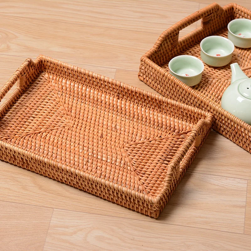 New-Rattan Woven Storage Fruit Basket Candy Snack Snack Plate Cutlery Tray With Breakfast Bed Bar Dinner Rectangular 14.5X10.2 I