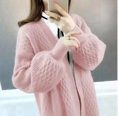Pink Новые повседневные женские с длинной деталью открытые весенние и осенние новые свободные трикотажные пальто-Кардиган Женская Корейская версия толстого пальто - Цвет: Pink