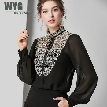 

Ladies Vintage Chiffon Blouses 2019 Autumn New European Paris Fashion Stand Collar Long Sleeve See Through Embroidery Blouses