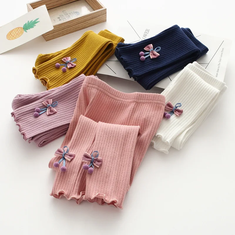 

71711 Exquisite Bow Pendant Leggings 19 Autumn Sunken Stripe Frilled Versatile Crawler Childrenswear