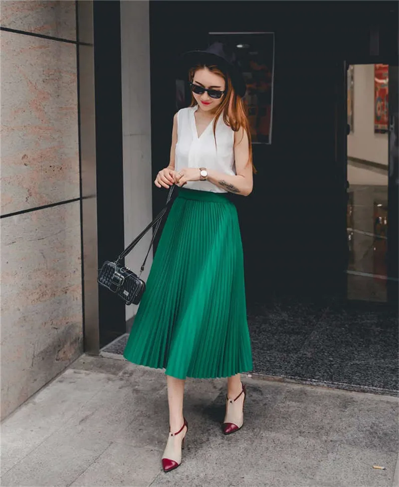 Юбки для женщин; сезон весна-осень-лето; стильная женская плиссированная юбка с высокой талией; модная Однотонная юбка средней длины для девочек; воздухопроницаемая Длина по щиколотку