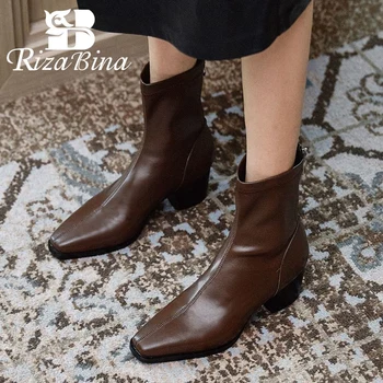 

RIZABINA Half Short Boots For Women Real Leather Square Toe Thick Heel Zipper Solid Color Outdoor Ladies Footwear Size 33-40