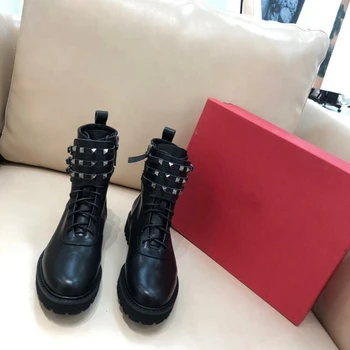 

New Women Lace-up Boots Women Ankle Boots Genuine Leather Buckle Strap Rivets Shoes Spring Autumn Flat Shoe Ridding Boots 34-42