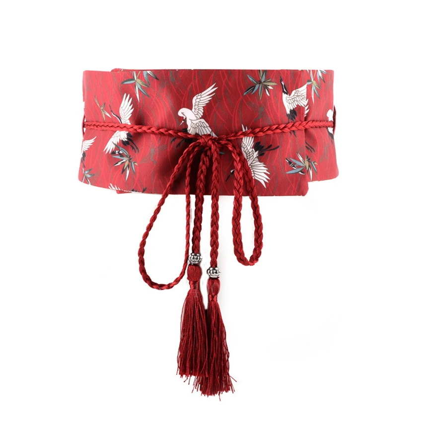 Japanese Traditional Clothing Kimono Cardigan Obi for Women Girl Fashion Streetwear Crane Printed Tassel Bandage Belt Yukata Obi