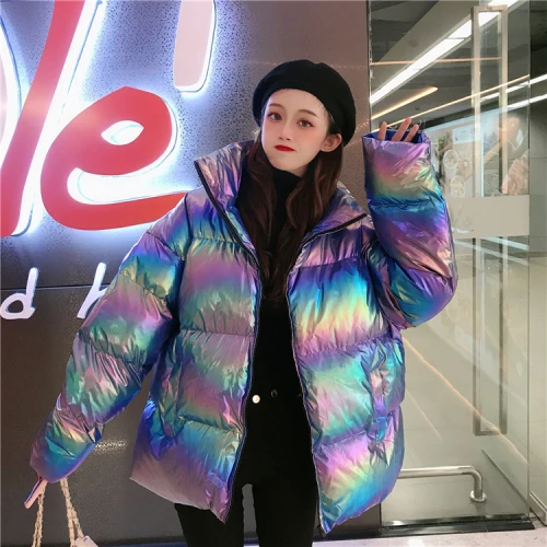 holographic blue Woherb осень зима пуховик для женщин Harajuku парки со стоячим воротником корейский голографический ватник пальто для девочек свободные ватные куртки - Цвет: holographic blue