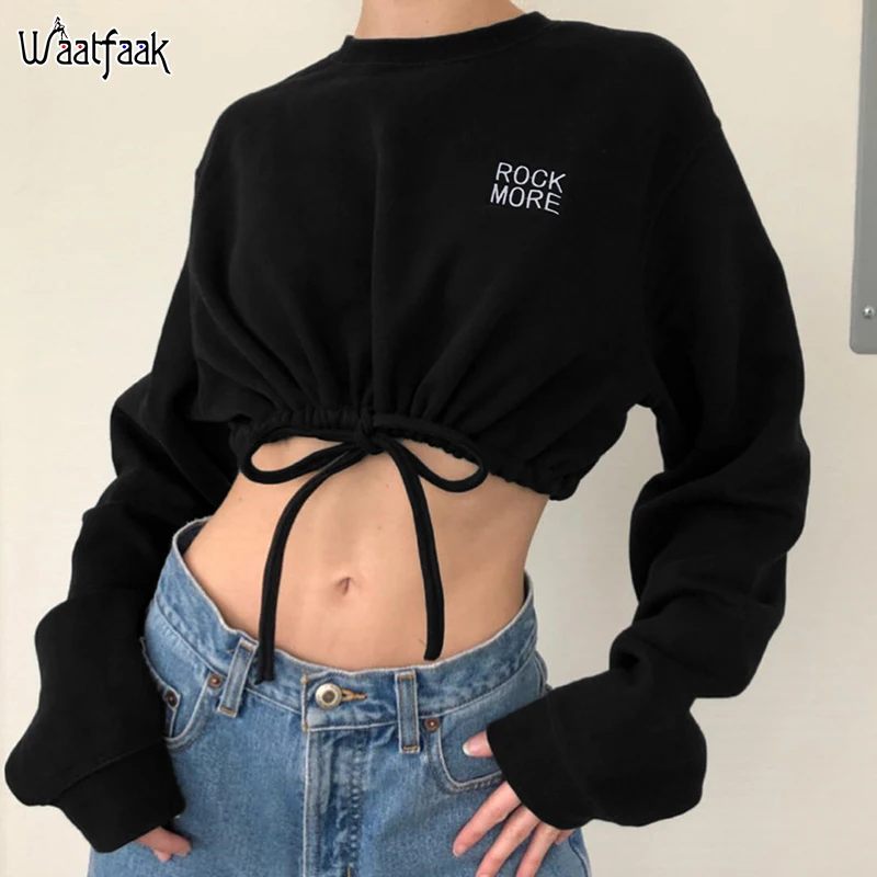 Waatfaak флисовый спортивный костюм с вышивкой короткое худи женский корейский бандажный свитер осень зима Повседневный укороченный Топ с длинным рукавом капюшон