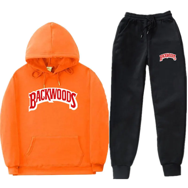 Streetwear BACKWOODS Hoodie set Tracksuit Men Thermal Sportswear Sets Hoodies and Pants Suit Casual Sweatshirt Sport Suit - Цвет: Orange MK135