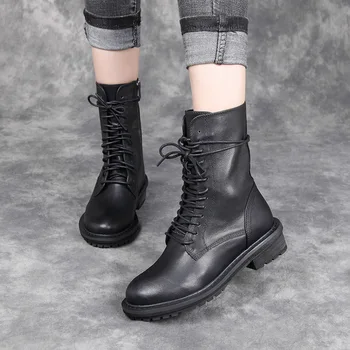 

Real Leather Women Ankle Boots Black Casual Women Shoes Winter Zipper Round toe Flats Lacing Mujer Footwear Size