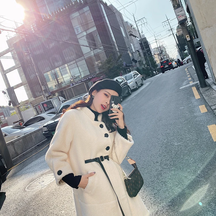 MISHOW Winter Thick Solid Standing collar Lambswool Coat Women Causal Single-breasted Belt Warm Fur Jacket MX19D8329