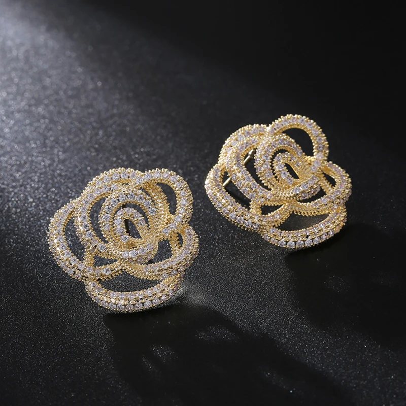 Brilliant Elegane Big Flower Stud Earrings for Women Gold Color Red Zirconia Studs Earring Fashion Jewelry Brincos