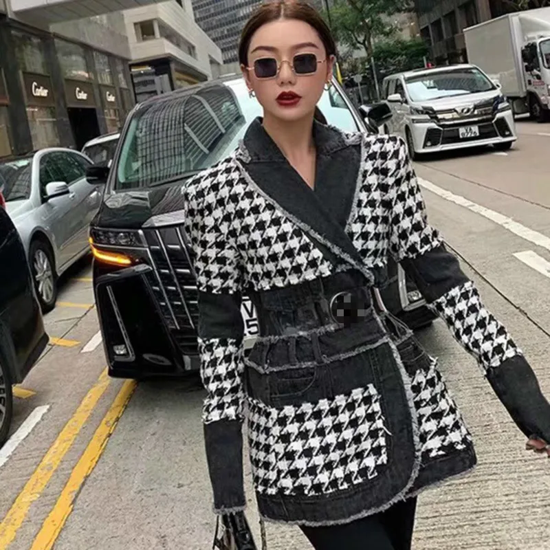 

Autumn Winter New Full Sleeve Lattice Tweed Cowboy Split Joint Long Fund Self-cultivation Fashion Trend Jacket Female