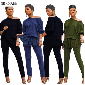 

Mesh Ruffles Patchwork Two Piece Set Off Shoulder Pullover Long Pants Sweat Suit Loose Solid Color Ensemble Femme Sexy Clothing