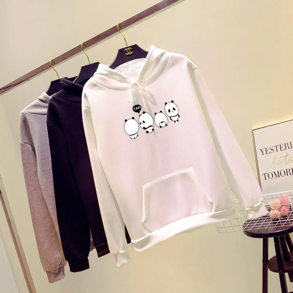 

BUZEKOE 2019 new arrived preppy style Loose cartoon pandas casual with bow neckline hoodie