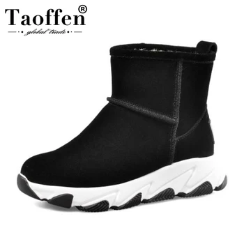 

TAOFFEN Real Leather Snow Boots Winter Warm Plush Fur Flats Shoes Lace Up Leisure Outdoor Ankle Boots Shoes Women Size 34-39