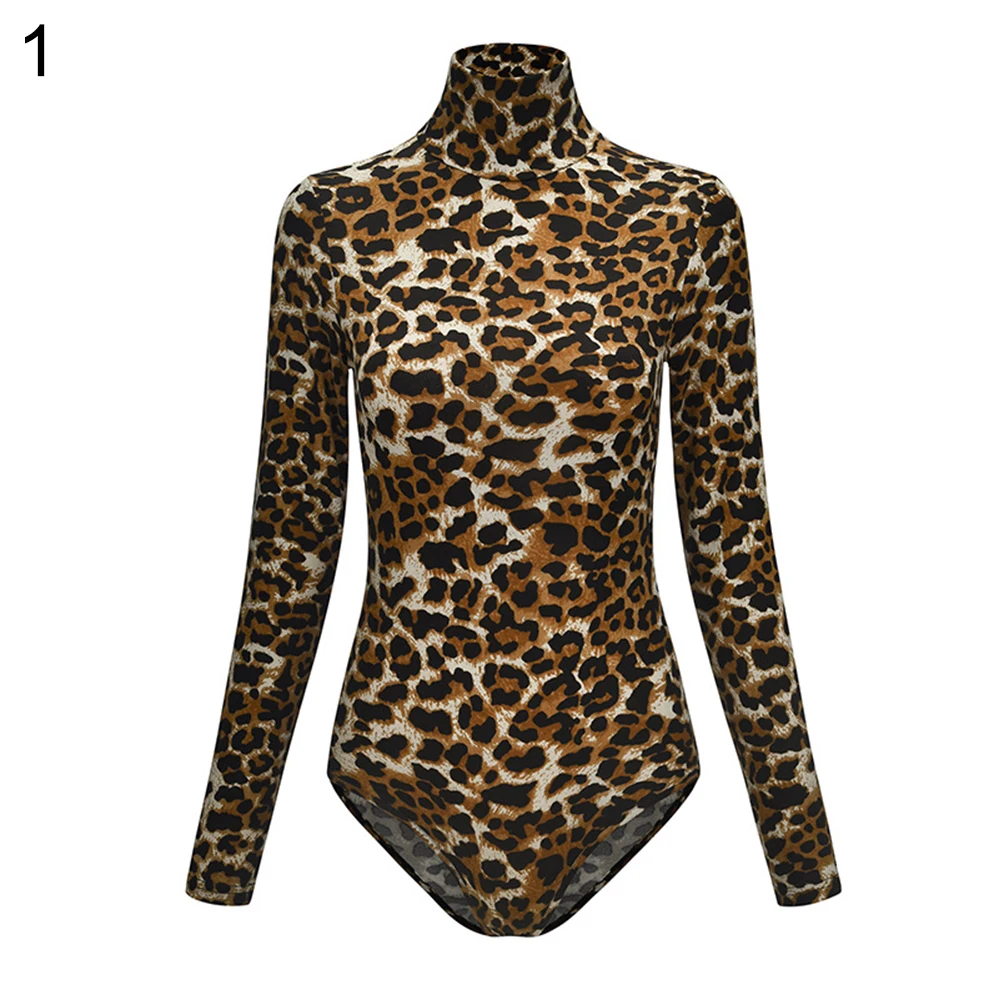 Sexy Women Leopard Print Turtleneck Long Sleeve Skinny Bodysuit Jumpsuit Romper Featuring snake skin/leopard print Xmas gifts fishnet bodysuit
