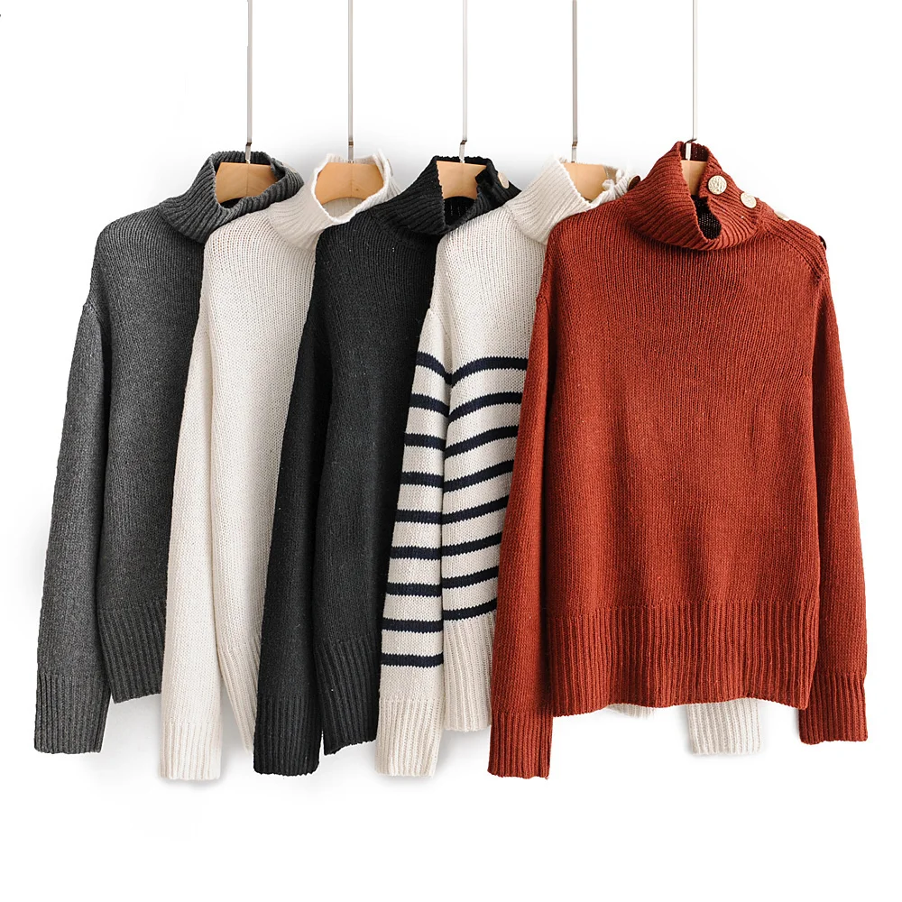 

ZA new turtleneck sweater autumn long sleeve striped button print casual loose knitted pullover winter thick grey sweater top
