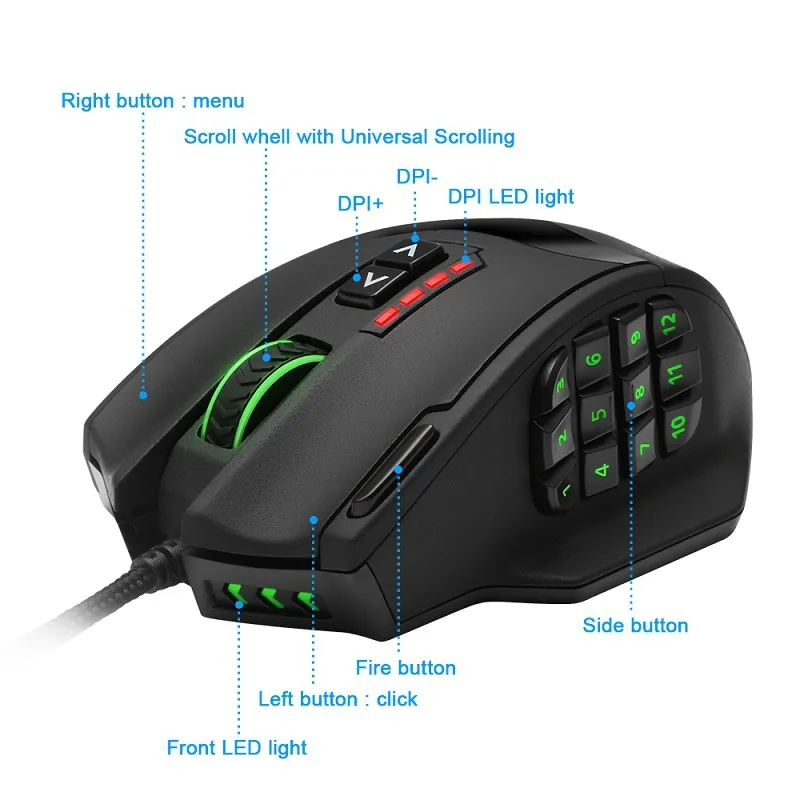 FELYBY Высокая точность 16400 dpi лазерная USB Проводная игровая мышь с 19 программируемыми кнопками с светодиодный подсветкой Эргономичный