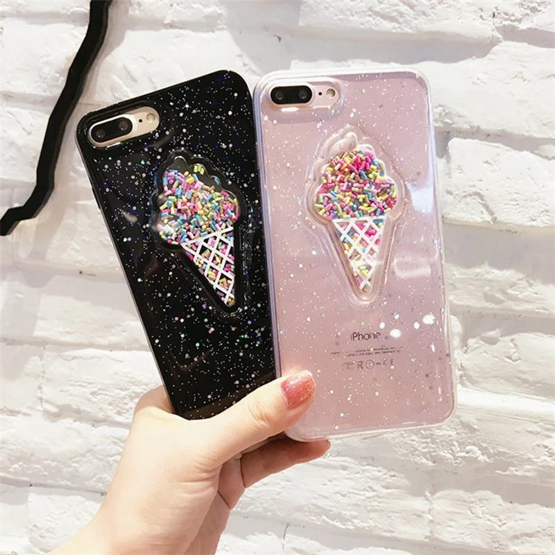

INS Cute 3D Dynamic Ice Cream Phone Case For iphone 11 X XS Pro Max XR 6 6s 7 8 Plus Case Glitter Bling Back Cover Coque Gifts