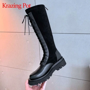 

Krazing pot 2020 new arrival genuine leather motorcycle boots patchwork cross-tied thick bottom young lady knee-high boots L29