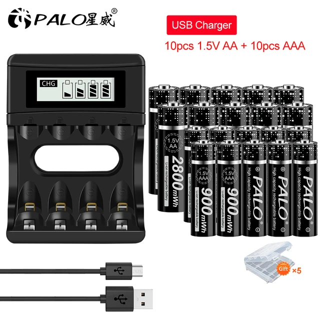 PALO 1.5V AA Li-ion Rechargeable Batteries+1.5v AAA Li-ion Rechargeable Batteries with LCD Smart 1.5V Lithium Battery Charger 10AA10AAA charger