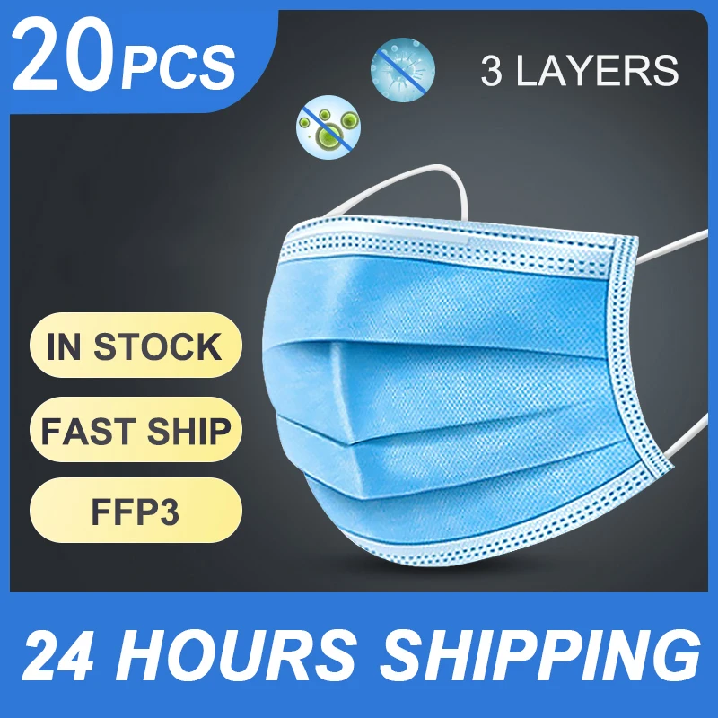 

20pcs Disposable Masks Face Mask FFP3 Mouth Mask PM2.5 Anti Dust Masks Non Woven 3-layers Face Masks FFP3 Disposable Mark