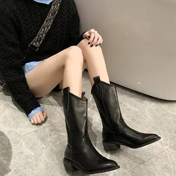 

autumn winter 2020 net red pointed thick Knights' boots women's new heel British slim medium boots Western Cowboy