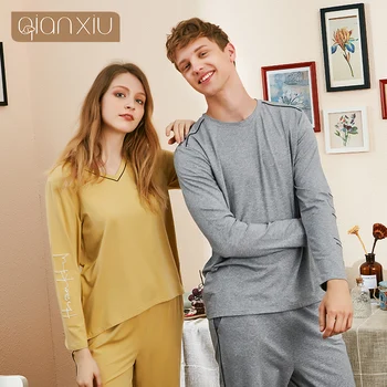 

Autumn and winter couples ladies head V-neck bamboo fiber long-sleeved pajamas suit, comfortable and breathable girl home servic