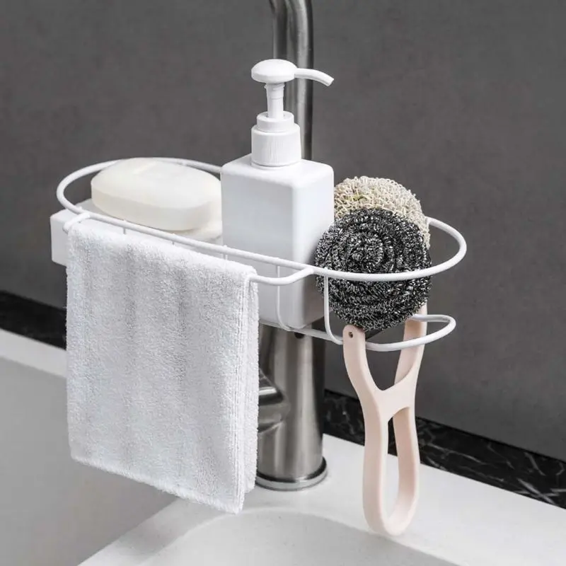 

Metal Kitchen Faucet Clip Sink Hanging Storage Holder Sponge Soap Cloth Drain Rack Bathroom Shower Pole Shelf Caddy Organizer