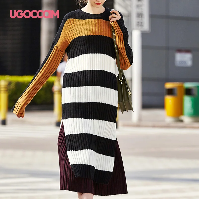 

UGOCCAM Stripe Sweater Dress Long-Sleeve Casual Loose Plus Size Autumn Winter Vestido Dress robe pull Elegant Knitting Pullover