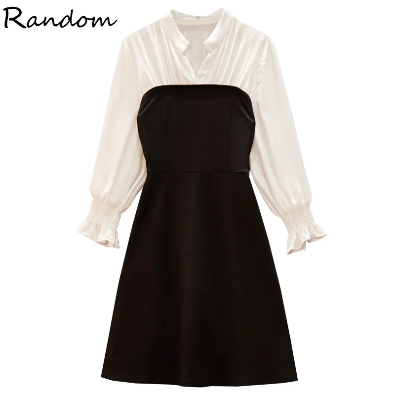 Women Elegant Black White Patchwork Party Dress Autumn Female 2020 Long Sleeve High Wait Bandage Wrap Shirt Dresses Sexy Cloth | Женская