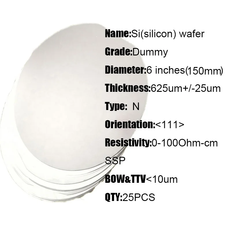 25PCS/lot Si Wafer Silicon Slice Substrate Optical Components 6" 150mm 625um Dummy Grade SSP <111> Silicon Wafer #190873