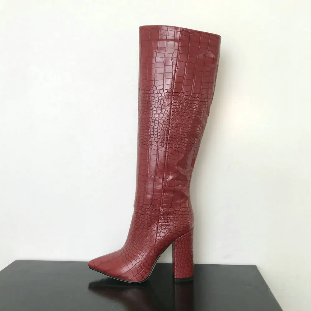 Женские сапоги до колена из искусственной кожи на квадратном каблуке; женские классические ковбойские сапоги с острым носком; цвет черный, красный, желтый, бежевый, коричневый; зимние сапоги - Цвет: Красный