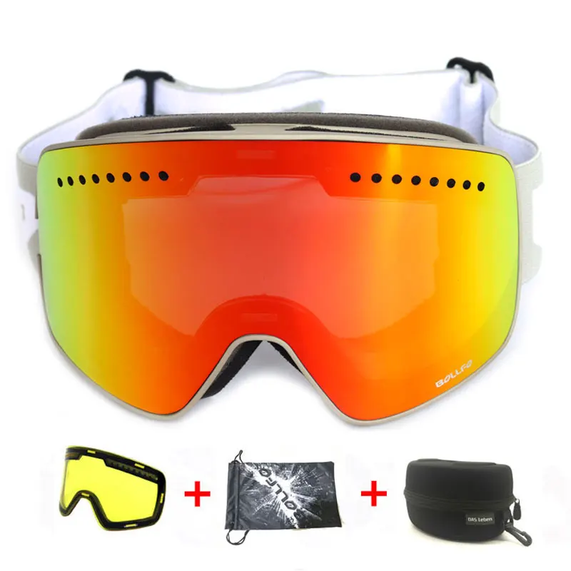 Магнитный двойные линзы очки для катания на лыжах и маски Анти-туман UV400 очки для катания на сноуборде лыжные очки для мужчин и женщин с Чехол - Цвет: Grey Red