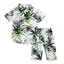 Праздничный пляжный Гавайский комплект одежды для маленьких мальчиков, рубашка с принтом листьев Топ, шорты, штаны повседневный комплект из 2 предметов, летняя детская одежда, комплект одежды