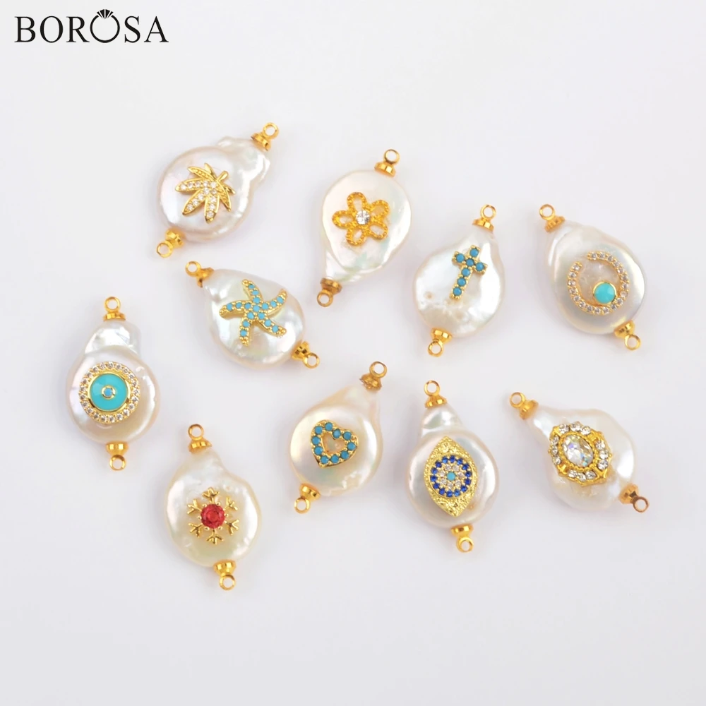 

BOROSA 10 шт. позолоченный натуральный жемчуг с мульти коннектор CZ Пресноводный Жемчуг Двойные подвески & Rainbow CZ для браслета ювелирные изделия G1903