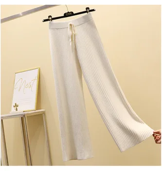 

2019 autumn winter new casual straight pants women female drawstring loose high waist knitted wide leg pants casual Trousers