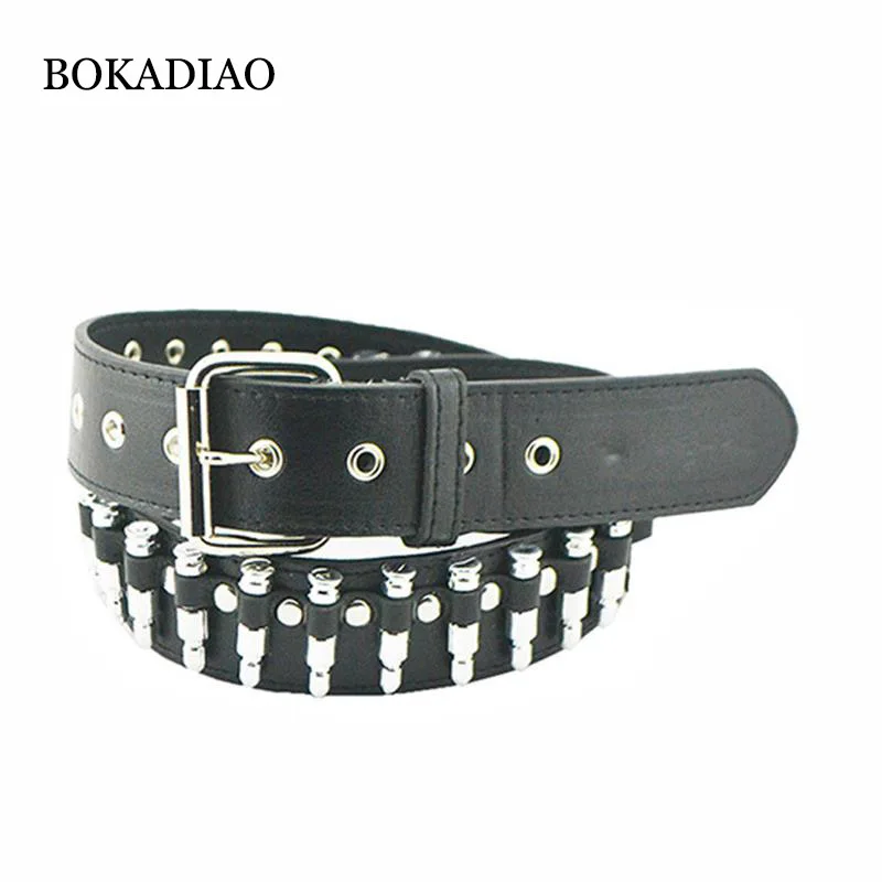 BOKADIAO 남성용 가죽 벨트, 펑크 총알 리벳 핀 버클, 럭셔리 청바지 허리띠, 록 오토바이 힙합 남성 스트랩