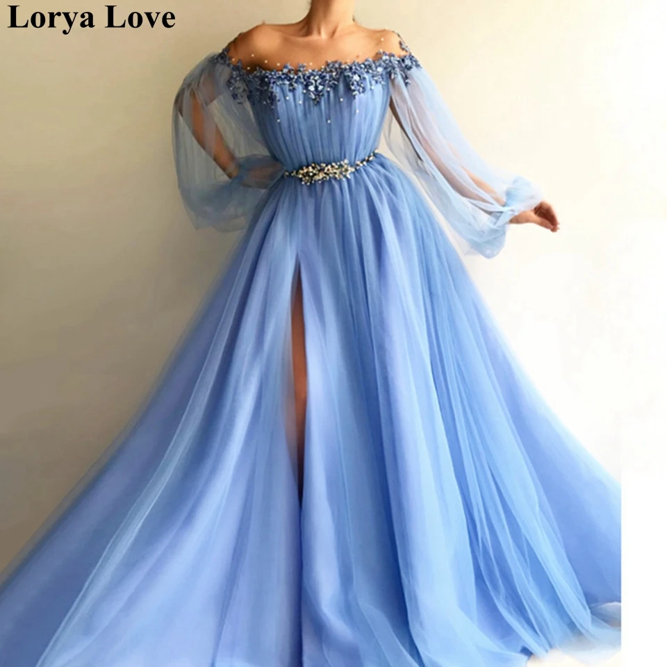 

Off The Shoulder Long Sleeves Tulle Prom Dresses 2020 Women Formal Party Night Vestidos Light Blue Appliqus Robe Evening Gowns