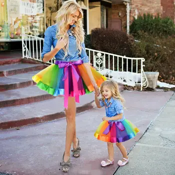 

Family Matching Clothes Sweet Baby Mom Lady Girls Tutu Skirt Dance Ballet Dress Rainbow Patchwork Costume Skirt Elegant Clothing