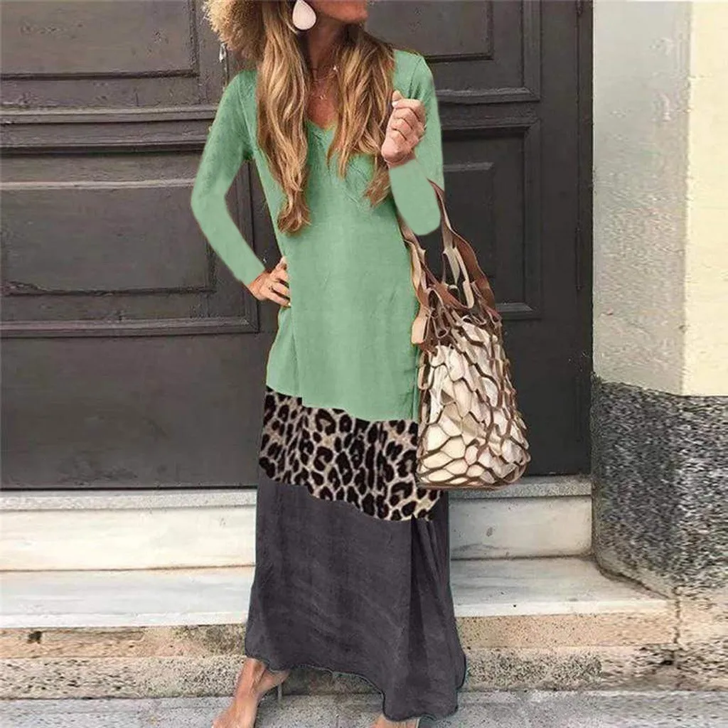 

Autumn Fashion Women Casual Loose Long Sleeve V Neck Leopard Patchwork Casual Long Dress Wholesale Free Ship платье Z4