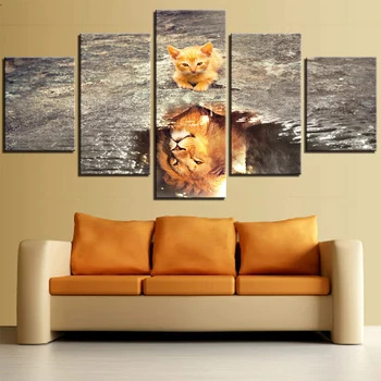 

Prints Paint Animal Wall Artwork 5 Pieces Modular Canvas Poster Lion and Kitten Picture Modern Cat Home Decor Bedside Backgroun