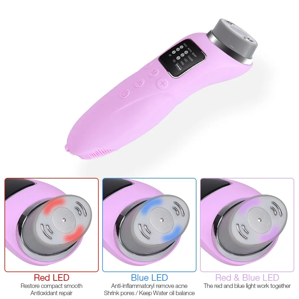  EMS RF LED Red Blue Light Ultrasonic Radio Frequency Micro Electric Current Face Clean Skin Firming - 32955734221
