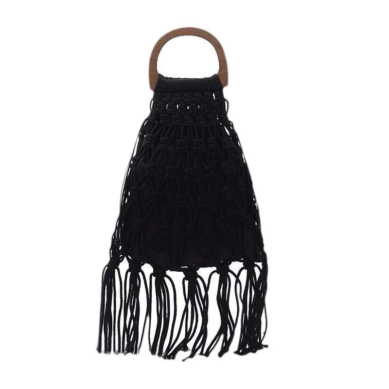 

Woven Bag Wooden Portable Hollow Cotton Rope Tassel Beach Bag Vacation Net Bag Knit Handbag