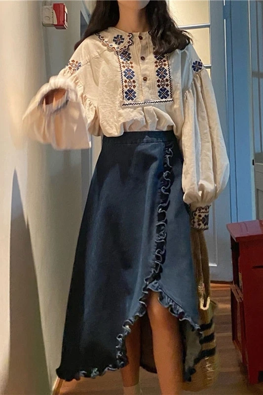 Tanie 2021 styl orientalny garnitur wiosna i jesień retro słodki haft