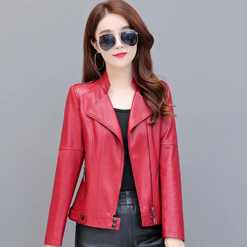 

2021 New Spring Autumn Women Black Faux Leather Jacket Solid Zipper Biker Coat Female Casual Outerwear Tops
