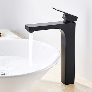 

Luxury Basin Faucet Sink Mixer Tap Tall Counter Square Bathroom Hot Cold Water Single Handle Hole Washing Brass Black Home Decor