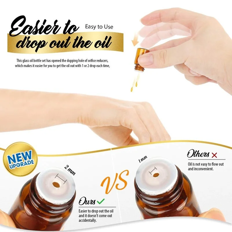 2ml (5/8 dram) Amber Essential Oil Bottles, Mini Amber Sample Vial Glass Bottle with 50 Black Caps, 50 Inner Covers