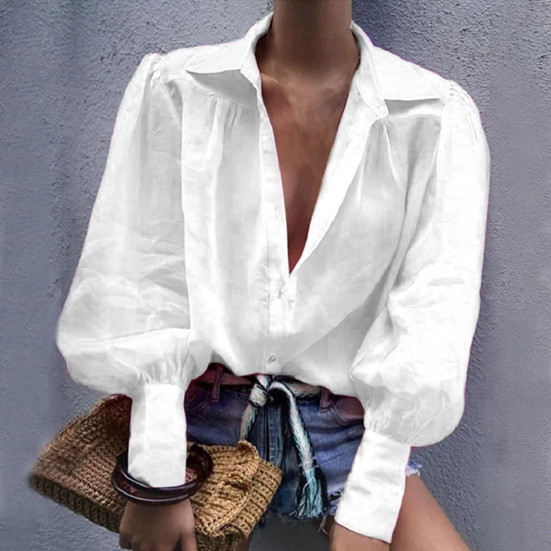 

LAAMEI 2019 Autumn Sexy Notched Collar Office Ladies Blouse Women Lantern Long Sleeve Loose Shirt Solid Button Tops Blouses