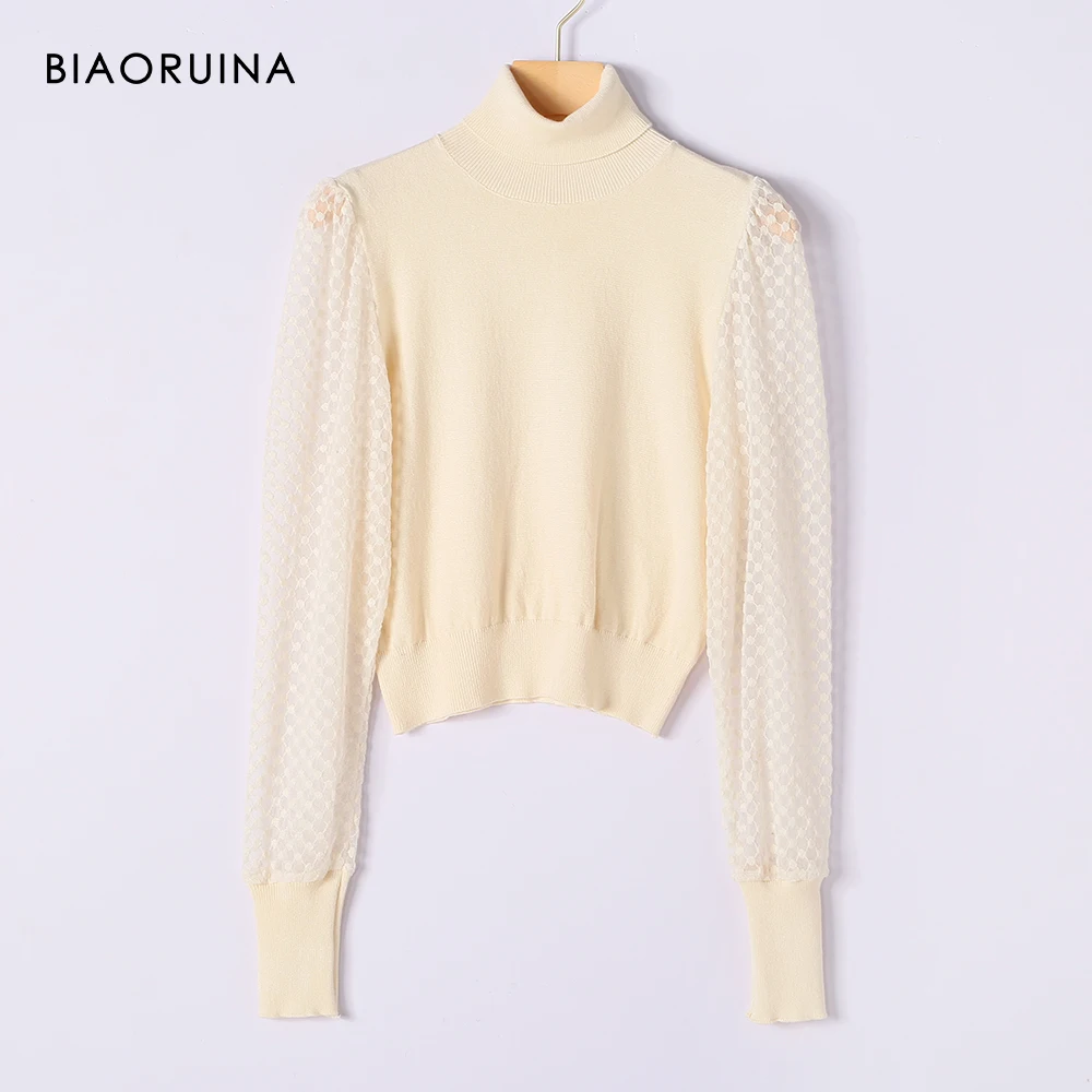 BIAORUINA Women's Fashion Knitted Turtleneck Thin Sweater Patchwork Hollow Out Lace Sleeve Office Lady Elegant Pullover | Женская
